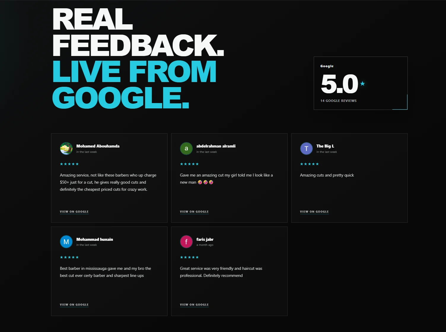 CutsBySyed Google reviews section showing a 5.0 rating and client review cards.