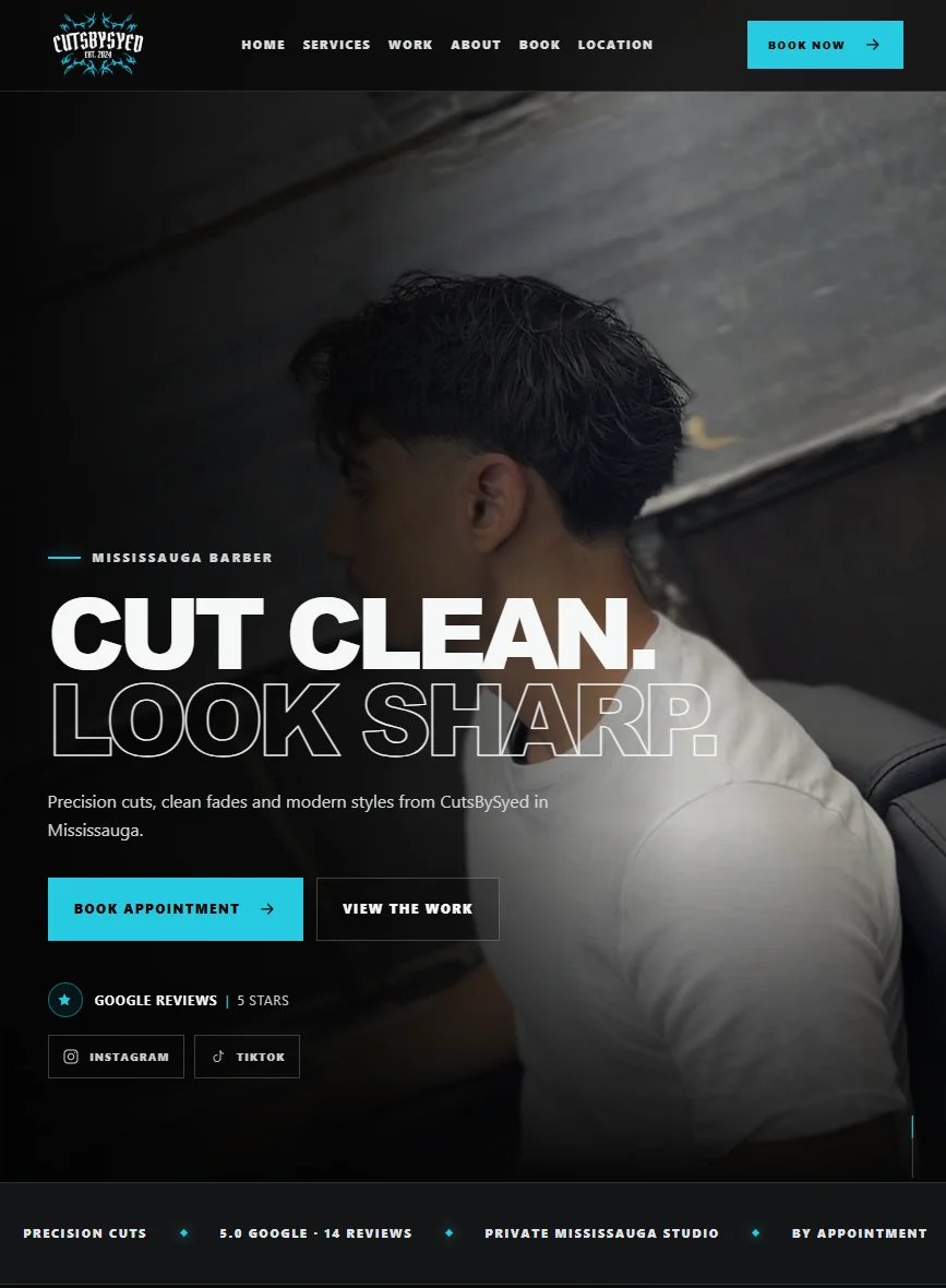 CutsBySyed mobile homepage with booking links, Google review rating, and a finished haircut.