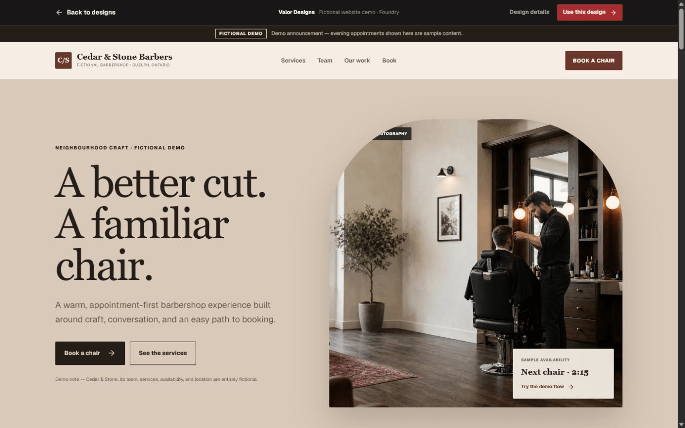 Cedar & Stone Barbers fictional desktop website demo