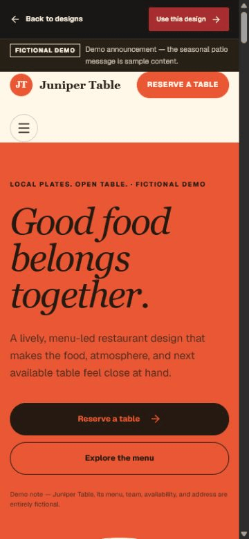 Juniper Table fictional mobile website demo