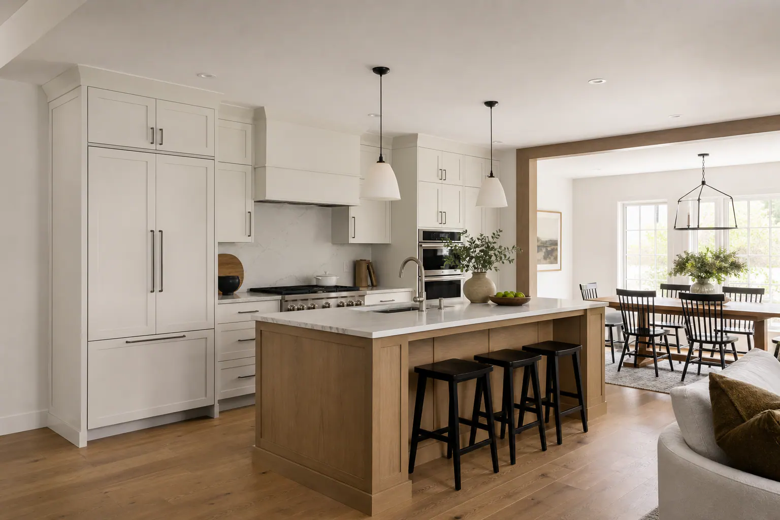 Completed warm white and oak kitchen renovation with a large central island