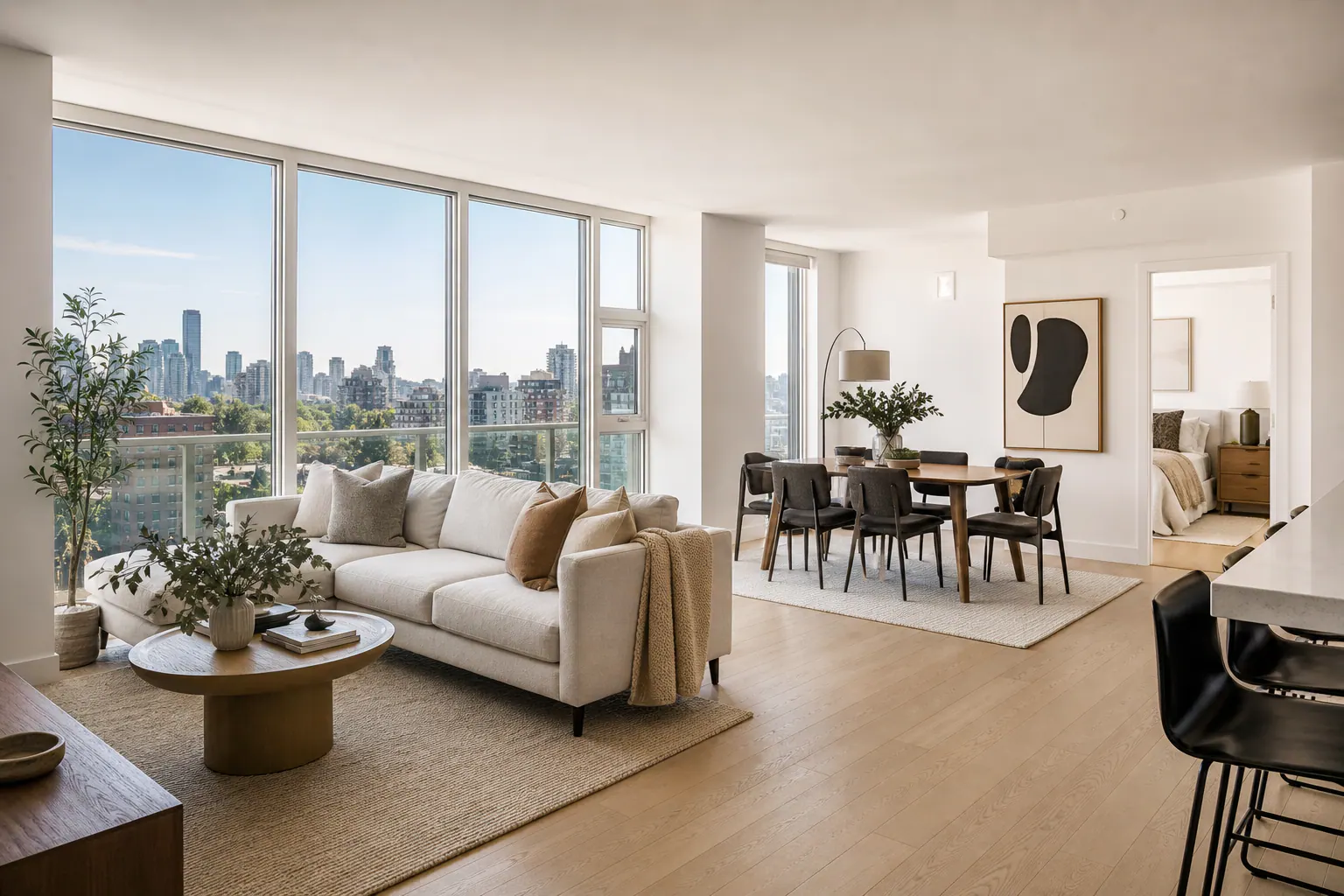 Bright Foundry Loft living room with pale oak floors and city views