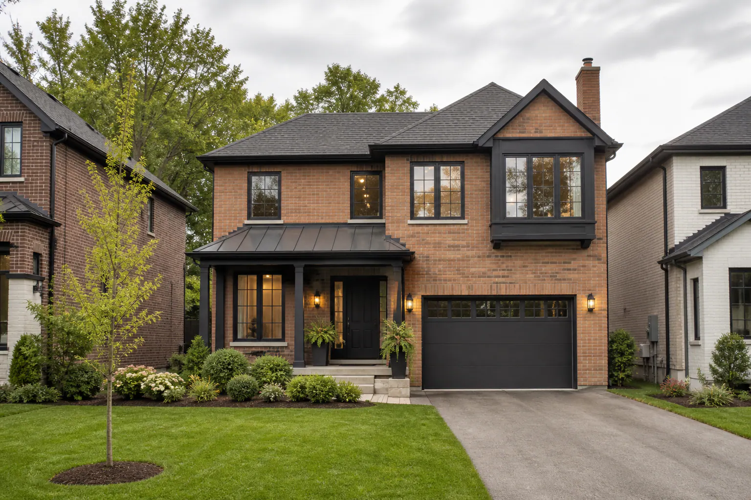 Warm-brick Cedar Court detached home with black trim and a landscaped front garden