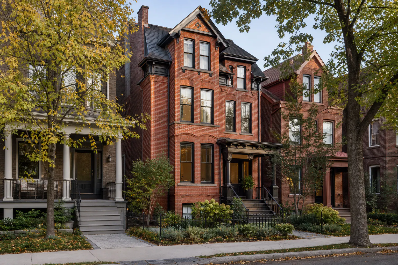 Red-brick Parkside Row townhome on a mature tree-lined street